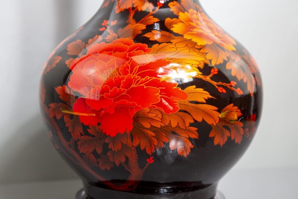 KOKOPRIME black ceramic vase with hand-painted peony design for elegant home display