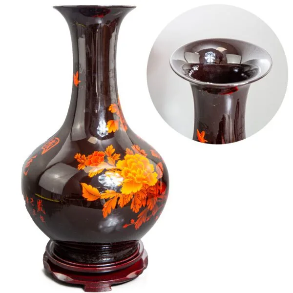 KOKOPRIME black ceramic vase with hand-painted peony design for elegant home display