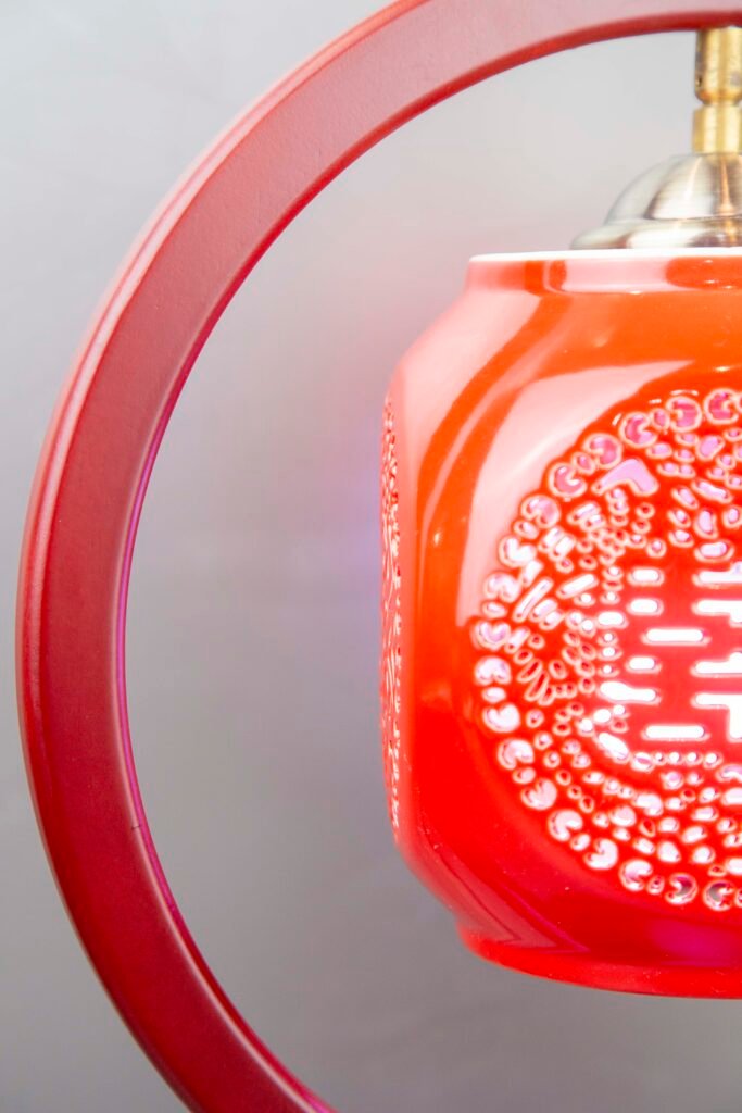 Double Happiness Wedding Lamp| Chinese Lantern Love Lamp| Oriental Red Blessing Light| Ceramic Wedding Table Lamp| Traditional Chinese Symbol Light|